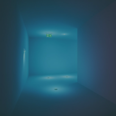 Corridoio illuminato di blu con lampada di emergenza 