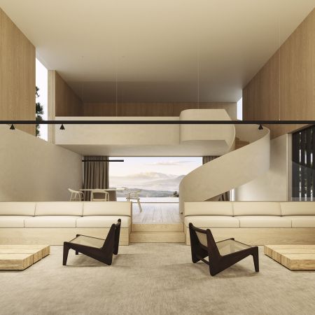 Salotto di una casa moderna con divani, sedie e una scala a chiocciola